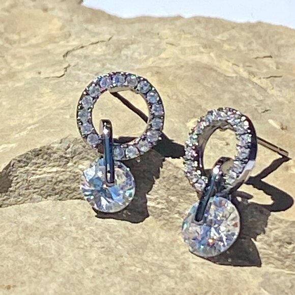 Gunmetal Cubic Zirconia Circle with Drop Earrings - Picture 5 of 12